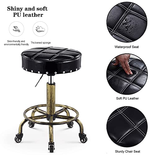 Retro Rolling 360° Swivel Stool Adjustable Height 19.7-25.2in Salon Work Stools Chair with 5 Wheels Industrial Style PU Leather Cushion for Home Office Massage Spa (I)