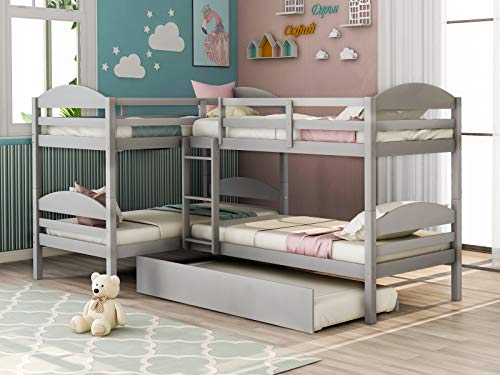 Four Bunk Bed Twin-Over-Twin-Over-Twin-Over-Twin L Shaped Bunk Bed with Trundle, Bunk Bed Can be Divided into 2 L-Shaped Beds for Accommodating 5, Family, Teens, No Box Spring Needed