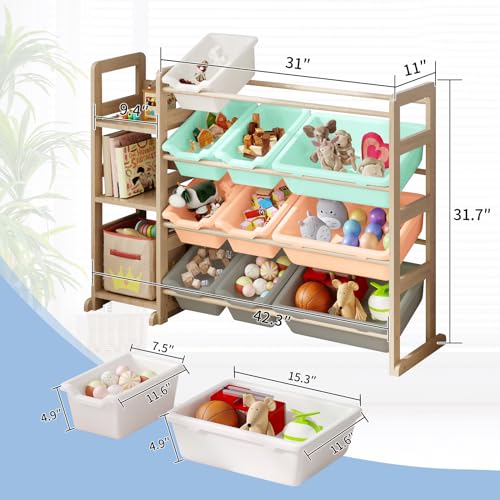 Toy Storage Organizer - Toy Organizers and Storage with Bookshelf, Toy Storage Shelf with 3 Shelves and 12 Storage Bins, Kids Bookshelf and Toy Storage for Kids Room, Playroom, Nursery, Multi color