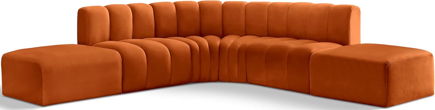Meridian Furniture Arc Collection Modern | Contemporary Sofa with Soft Velvet, Deep Channel Tufting, Modular Design, 146 W x 76 D x 30 H, Cognac