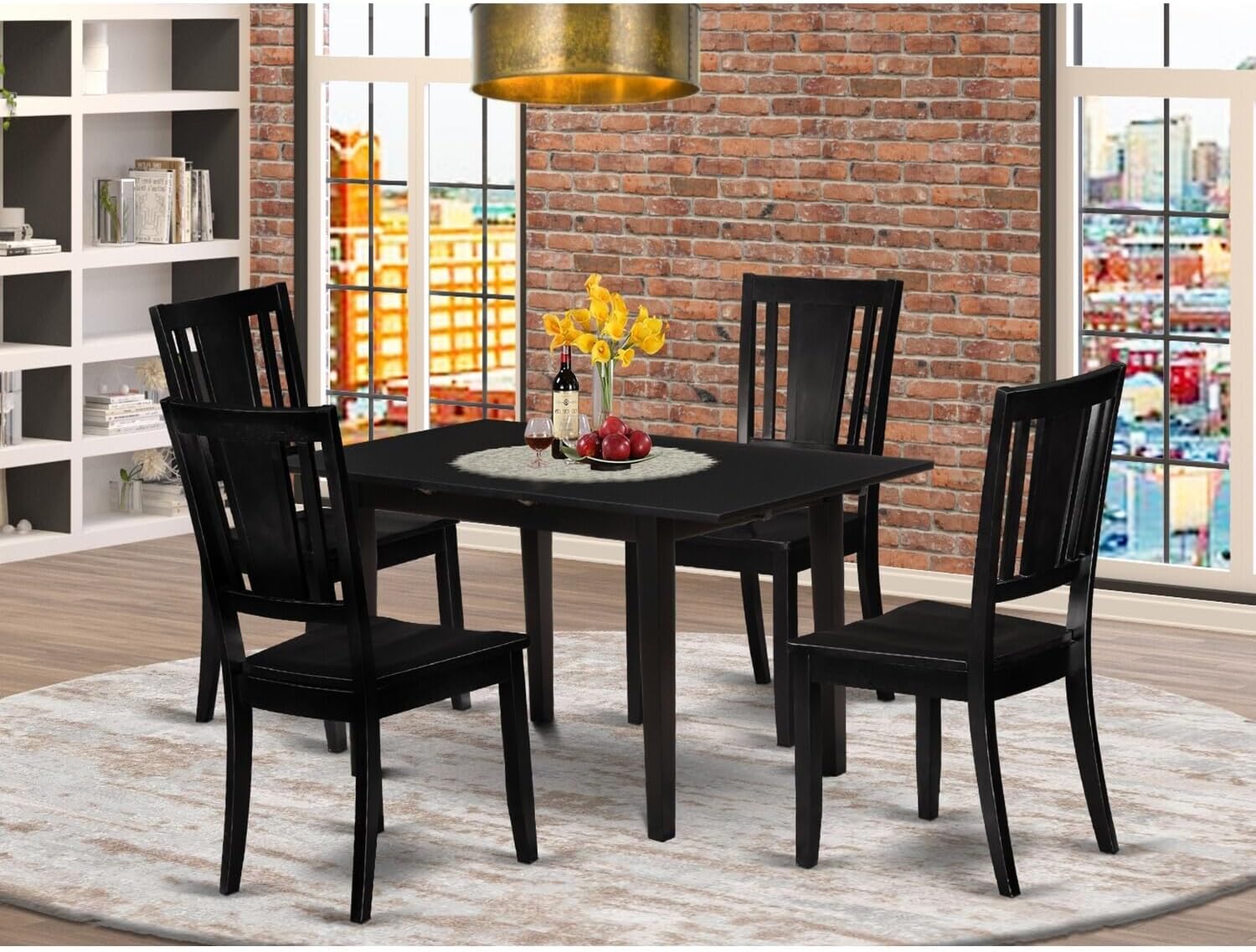 Rococo Radiance 5-Piece Rectangular Dinette Set 4 Dining Chairs With Slatted Back And A Wooden Seat And Small Butterfly Leaf Wooden Dining Table With Rectangular Top And 4 Legs- Black Finish