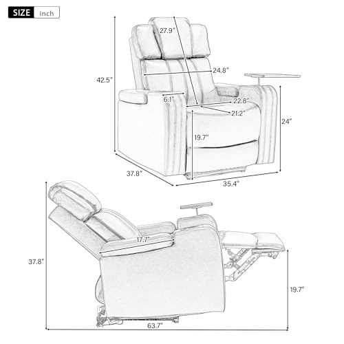 PU Power Recliner Chair with Cooling Cup Holder Bluetooth Speaker LED Lights USB Ports Tray Table and Arm Storage for Living Room Zero Gravity Chairs (Grey)