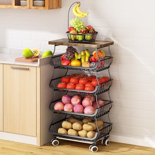 Fruit Basket for Kitchen with Wood Top 5 Tier, SAYZH Stackable Fruit and Vegetable Storage Cart, Wire Storage Basket with Wheels, Vegetable Basket Bins Rack for Onions and Potatoes, White