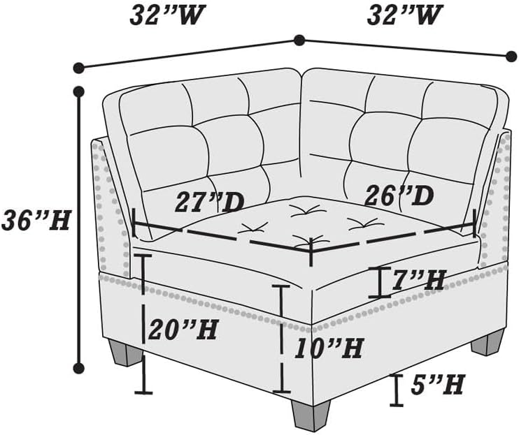 CHARMMA Living Room Furniture Tufted Corner Wedge Black Coffee Linen Like Fabric 1pc Cushion Nail Heads Wedge Sofa Wooden Legs