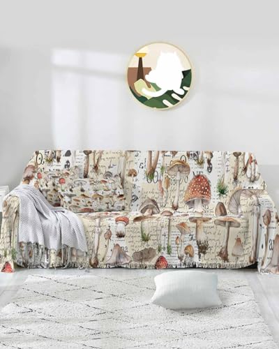 Botanical Cover Couch Covers for 3-4 Cushion Couch Throw Couch Cover with Tassel Soft Slipcover Spring Vintage Watercolor Mushroom Texture Beige White Couch Furniture Protector for Dog Pet 71