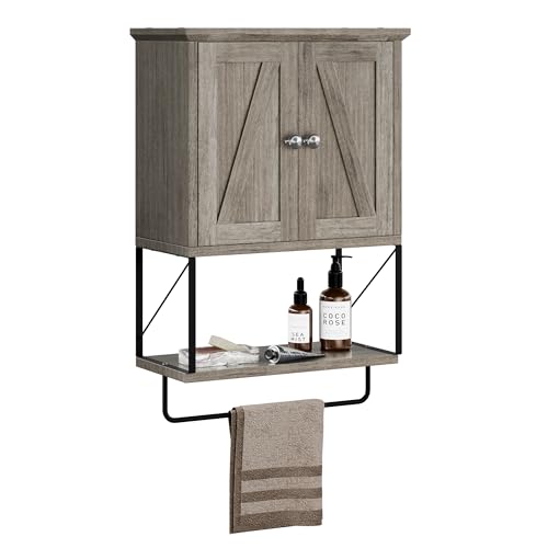Shintenchi Wall Bathroom Cabinet, Medicine Cabinet with Removable Towel Bar, Wall Mounted Storage Cabinet with Adjustable Shelf, 3-Tier Small Toilet Cabinet, Gray