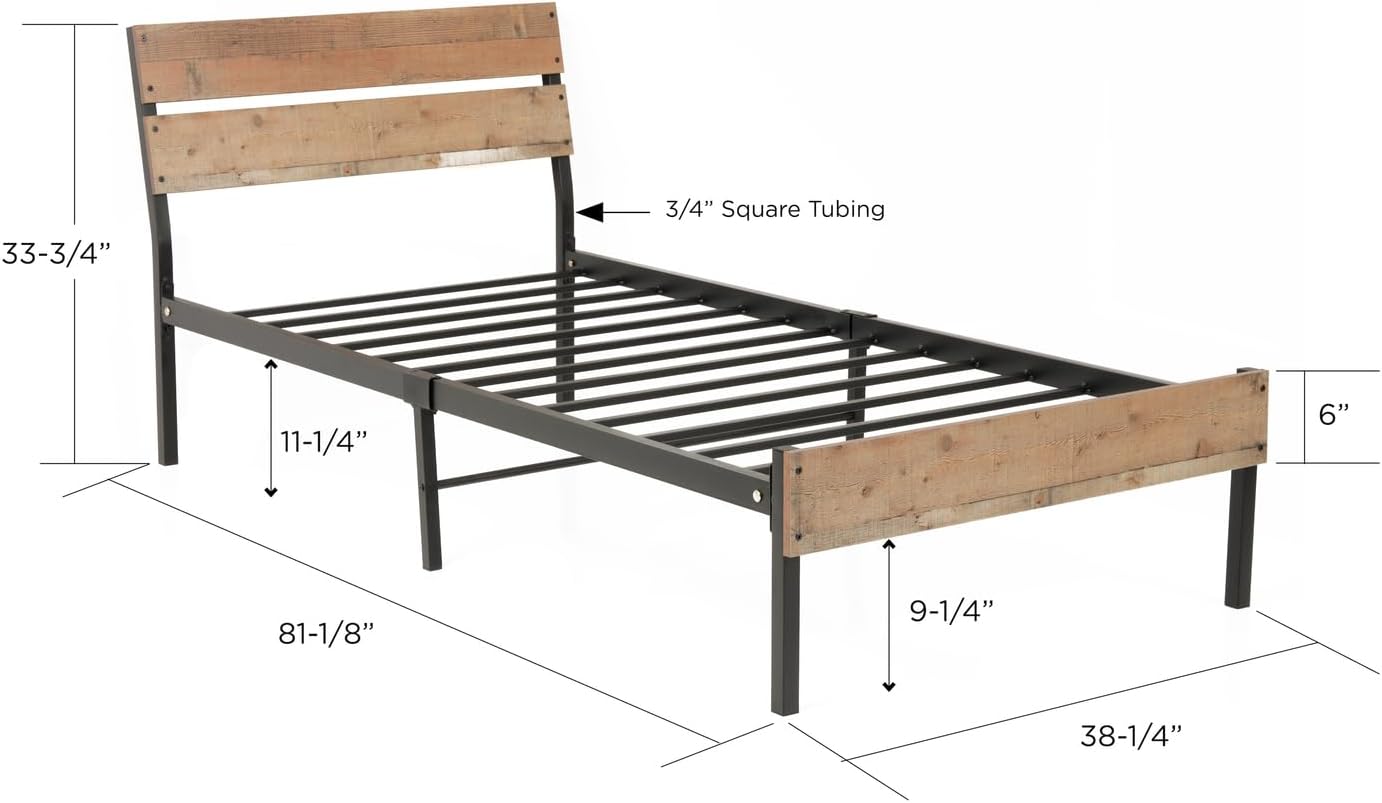 French Country Twin Bed Frame with Sturdy Black Metal Base and Interesting Rustic Reclaimed Barnwood Laminate Headboard and Footboard Panels