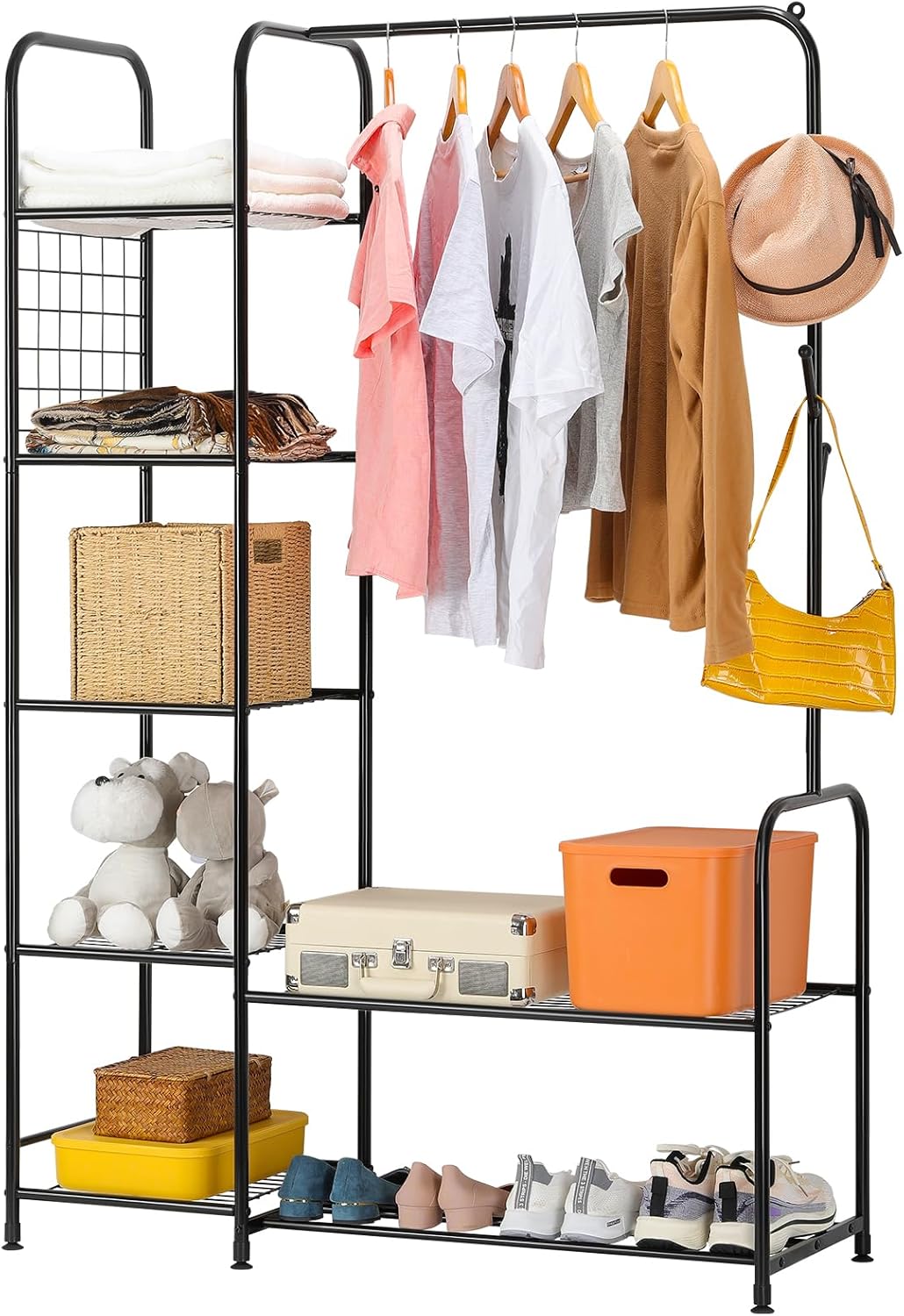 HEOMU Garment Rack with Shelves, Freestanding Clothes Rack, Portable Clothing Racks for Hanging Clothes, Coats, Shirts, Black