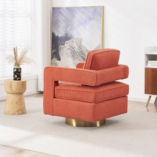 Upholstered Swivel Accent Chair, Modern Swivel Barrel Chair with 360 Degree Swivel Metal Base, Convertible Seat Cushion, Comfy Armchair for Waiting Room Office Orange As Shown