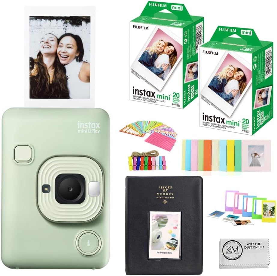 FUJIFILM INSTAX Mini LiPlay Instant Camera | Green Bundled with INSTAX Mini Instant Film | 40 Exposures + Mini Album, Borders, Stickers & Clips + Cleaning Cloth (5 Items)