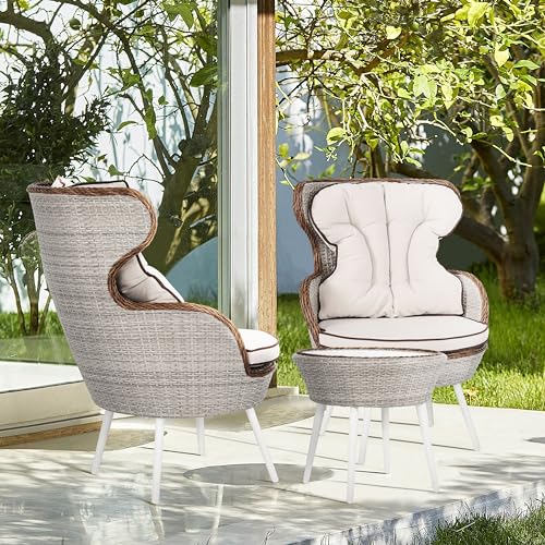NUU GARDEN 3 Piece Outdoor Bistro Set, Woven Rope Conversation Patio Set, All Weather Aluminum Patio Furniture Chairs and Table with Cushions for Garden, Deck, Backyard, Beige