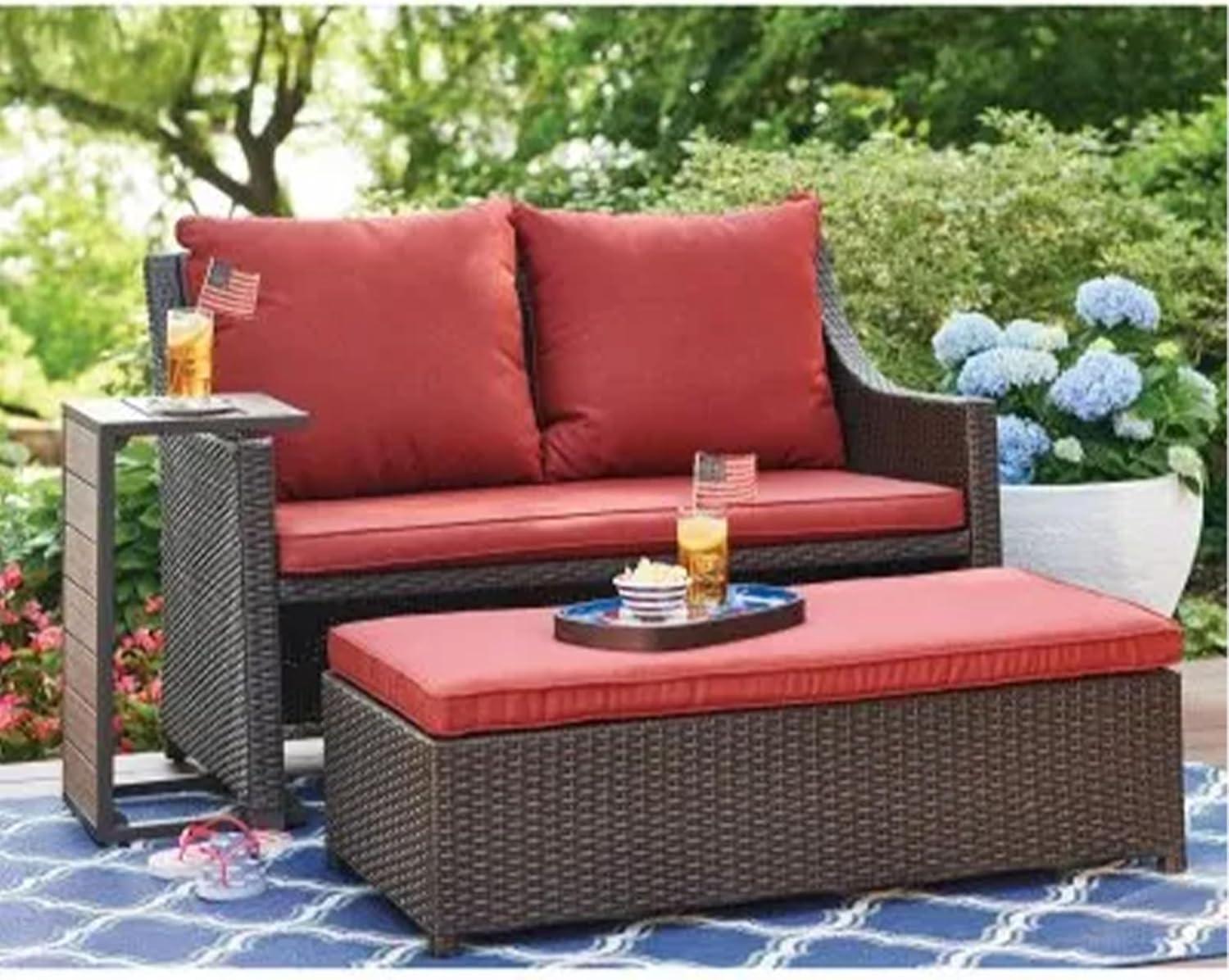 Redington All-Weather Chic 3 Piece Outdoor Patio Seating Furniture Set with Cushioned Loveseat, Side Table, and Ottoman, Red
