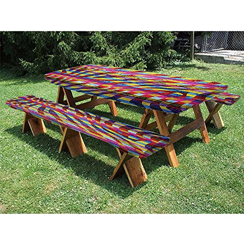 Wooden Timber Door Key Picnic Fitted Tablecloth and Bench Seats Table Cover, for Outdoor/BBQ/Camping, 28 x 72 Inch