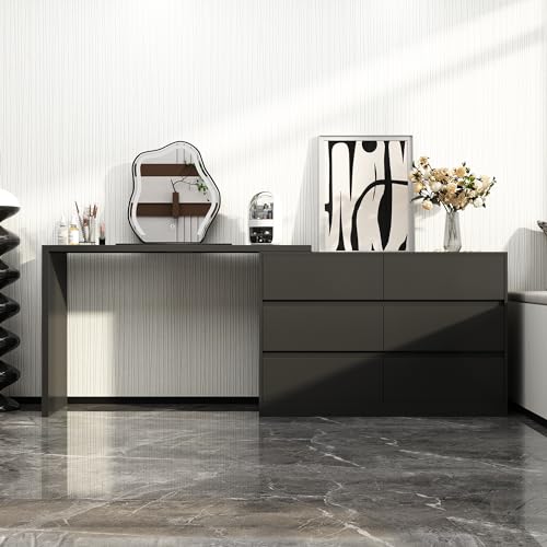 Hitow 6 Drawer Double Dresser with Deformable Workstation, Wood Dresser Chest with Multifunctional Tabletop, Storage Chest of Drawers for Bedroom Nursery, White (51.2