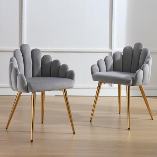 LukeAlon Sherpa Dining Chairs Set of 2, Upholstered Petal Back Accent Chairs with Metal Legs Leisure Modern Side Chairs Makeup Vanity Chairs for Living Room Home Kitchen, Black