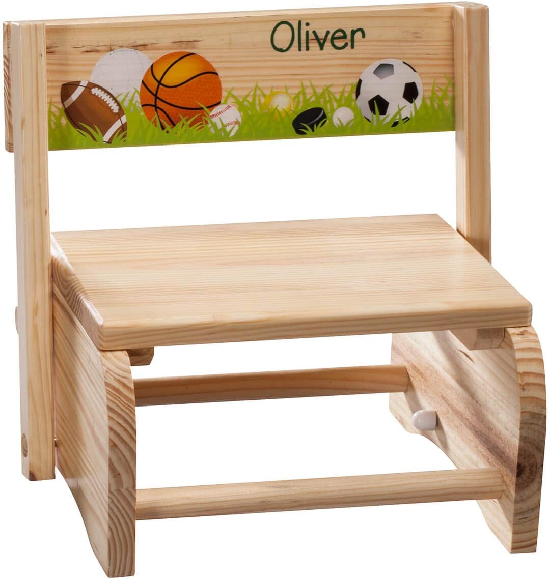 Personalized 2-in-1 Children's Step Stool and Chair, Customized with Kid’s Name, Sports Design