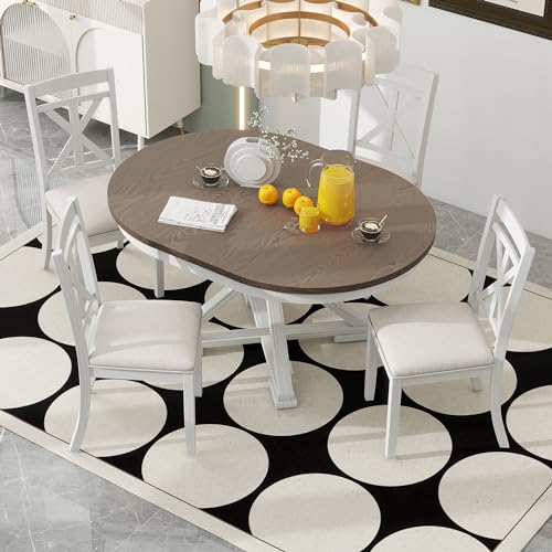 P PURLOVE 5-Piece Round Dining Table Set with Extendable Table and 4 Upholstered Chairs,Kitchen Table Set for 4 with Extendable Leaf,Retro Style Dining Table Set