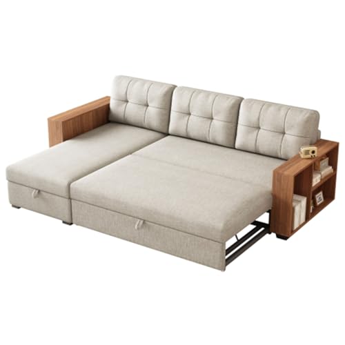 Convertible Sectional Sofa Couch,L-Shaped Sofa,Linen Fabric,Sleeper Sofa,Pull Out Couch Bed,with Storage Chaise for Apartments with 3 Pillows Two Small Counters