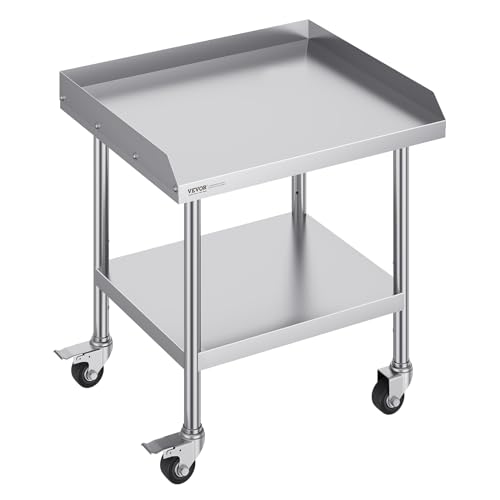 VEVOR Stainless Steel Work Table, 24 x 24 x 30 Inch Commercial Food Prep Worktable with 4 Wheels, Casters, 3-Sided Backsplash Heavy Duty Prep Worktable, Metal Work Table for Restaurant Home Hotel