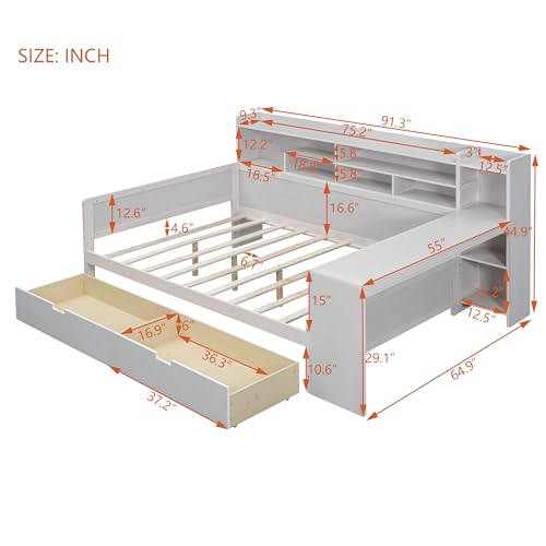 Wooden Full Size Daybed with Storage Shelves and Study Desk, Multi-functional Bed DayBed Frame with 2 Storage Drawers for Office Living Room Bedroom, Maximize Space (Natural-AT)