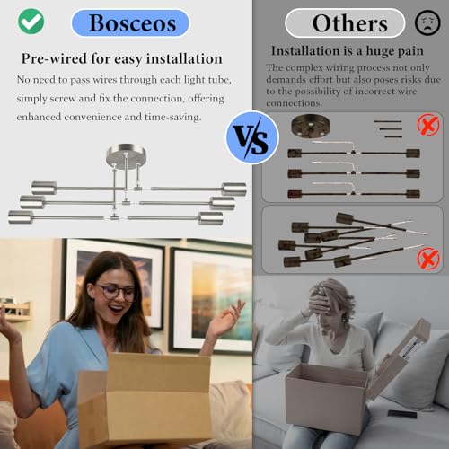 Modern Sputnik Chandelier, 6-Light Farmhouse Semi Flush Mount Ceiling Light Fixtures, Industrial Chandeliers for Dining Room Kitchen Bedroom Living Room Hall Foyer Entryway (Black and Gold) - E26 Base