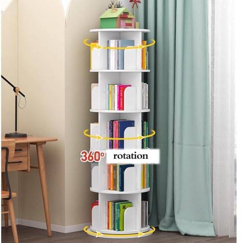bookshelf 4/5/6 Layers Rotating Bookshelf Children's Reading Storage Rack Creative Home Commercial Bookcase Large Capacity Sofa Side Storage Bookshelf Small Footprint (Color : White, Size : 5 layers