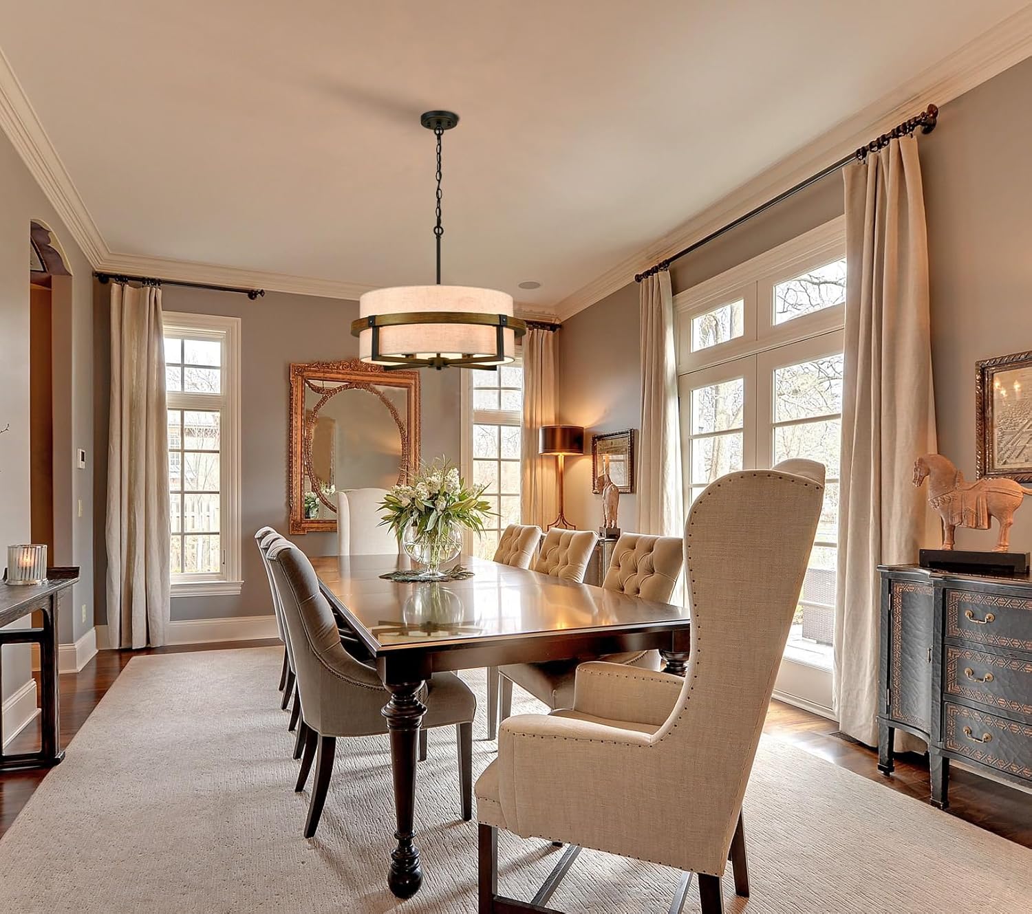 Rustic Drum Chandelier 4-Light Dining Room Chandelier with Off-White Fabric Shade