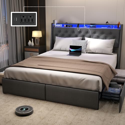 SADENICEL Queen Bed Frame with Storage Headboard and 4 Drawer, Metal Platform Bed Frame Queen Size with LED Light, Charging Station, No Box Spring Needed, Noise Free, Easy Assembly, Grey