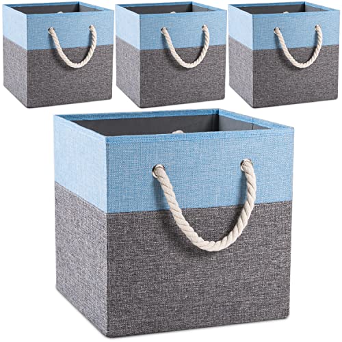 PRANDOM Large Foldable Cube Storage Bins 13x13 inch [4-Pack] Fabric Linen Storage Baskets Cubes Drawer with Cotton Handles Organizer for Shelves Nursery Closet Bedroom White and Grey