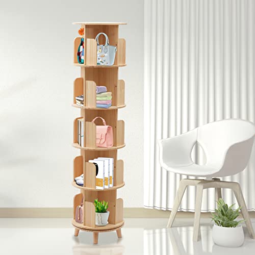 Rotating Bookshelf, 5 Tier Solid Wood 360 Display Floor Standing Bookcase Storage Rack, Free Standing Wood Bookcases for Kids&Adults Multi-Functional Bookshelf Organizer(5 Tier)