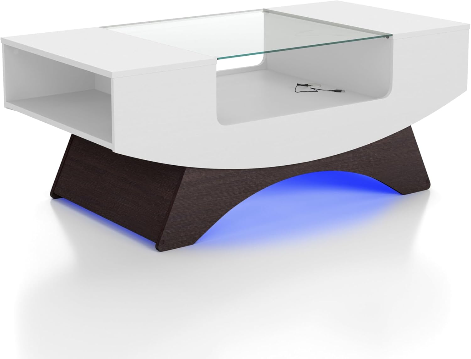 24/7 Shop at Home Kane Modern 39 Inch 16 Colors LED Coffee Table with Glass Top and Open Storage Shelf for Living Room, Home Office, White