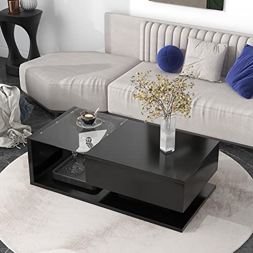 Polibi Modern Coffee Table with Tempered Glass, Wooden Cocktail Table with High-gloss UV Surface, Modernist 2-Tier Rectangle Center Table for Living Room, Black