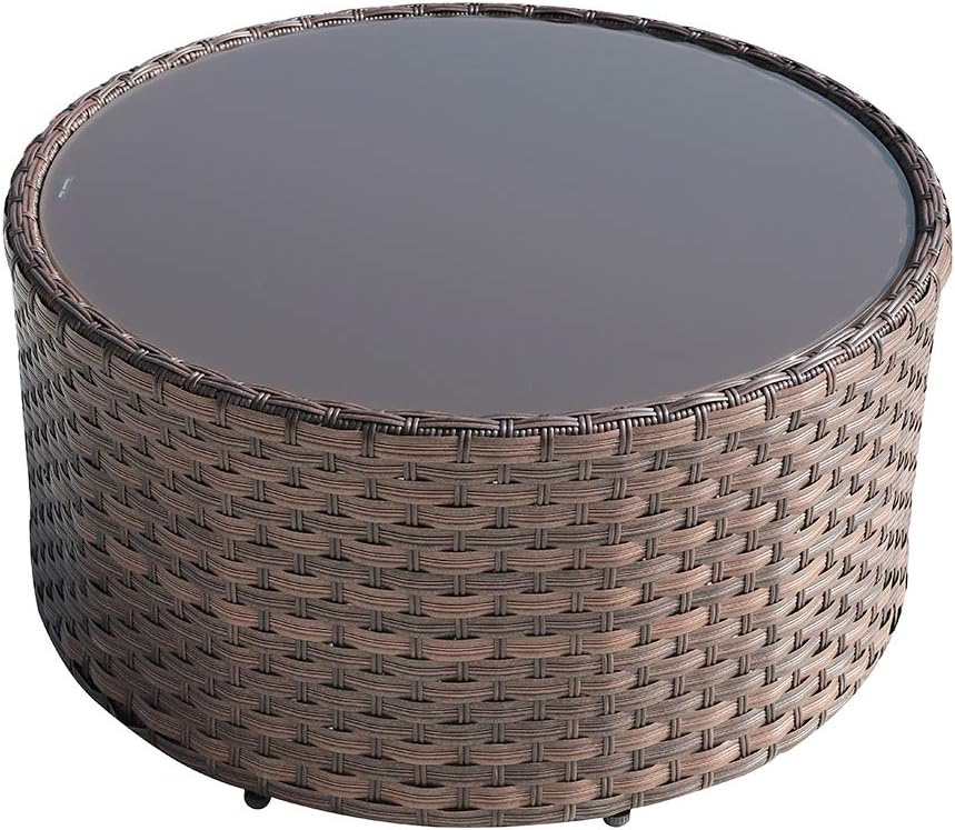 OC Orange-Casual Patio Coffee Table, Indoor/Outdoor Round Table with Tempered Glass, Brown Wicker, (4 Pillows, 1 Furniture Cover Included)