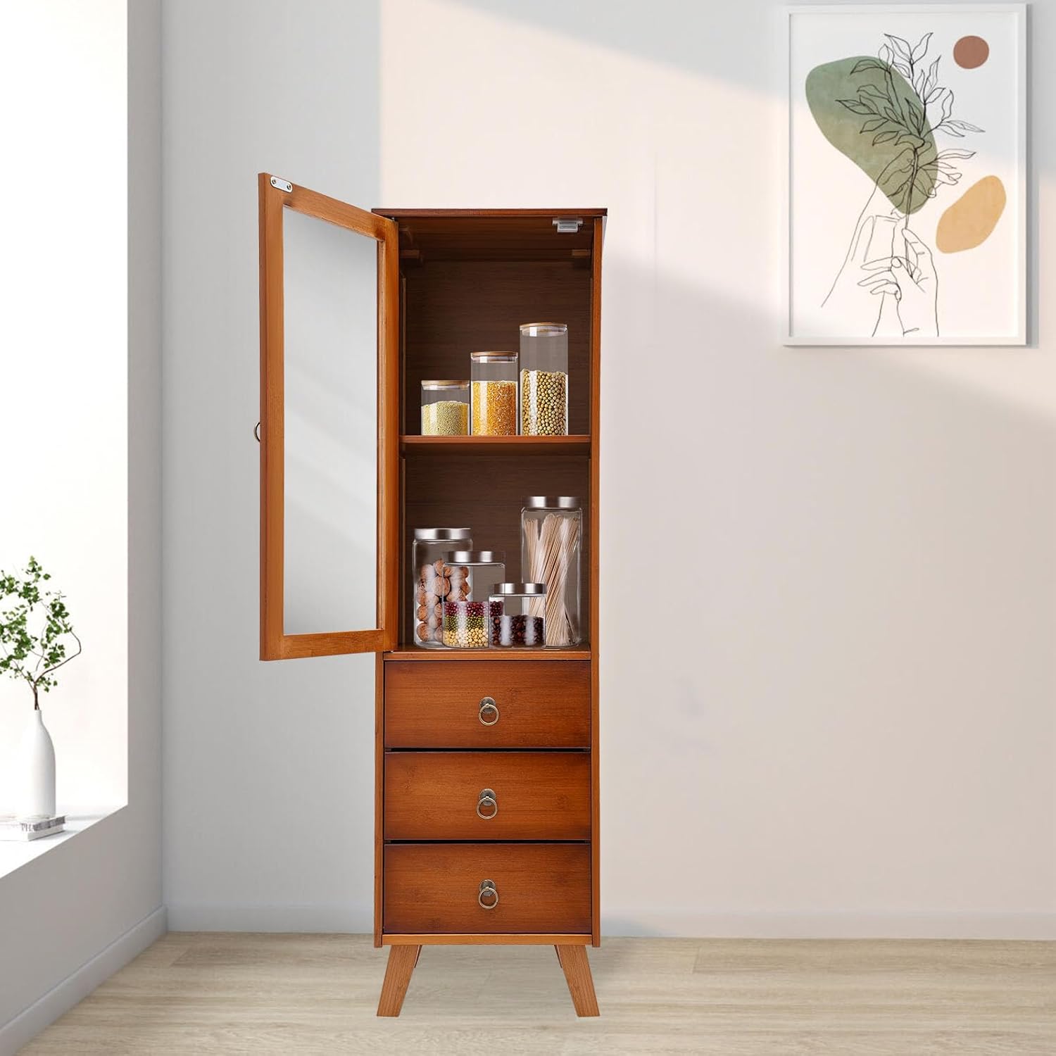 Wooden Side Storage Cabinet 43.3 H Bathroom Floor Cabinet Bamboo Storage Cabinet with Drawers Freestanding Single-Door Cupboard Pantry Cupboard for Living Room Kitchen
