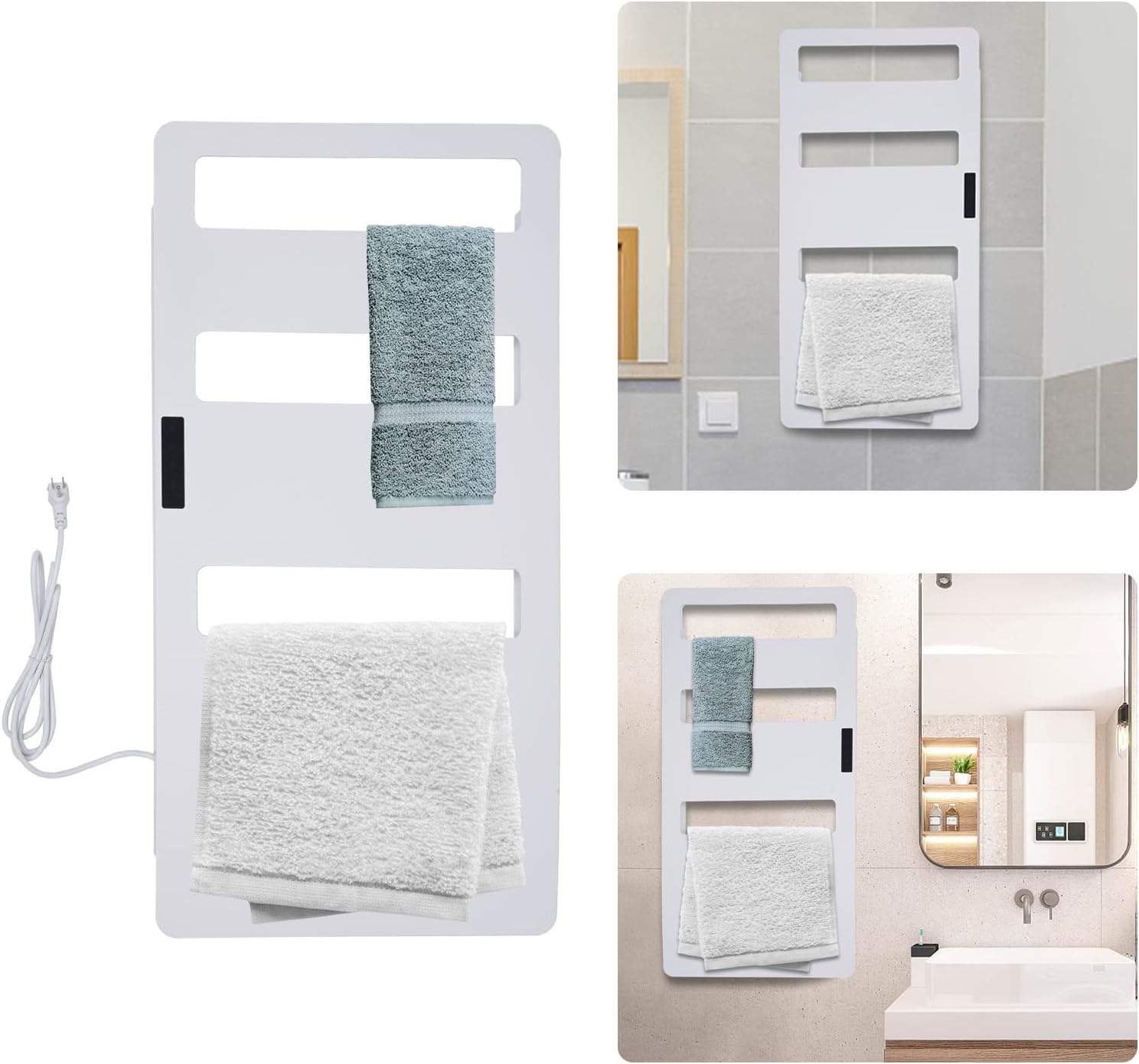 Modern 35”H Wall Mounted Heated Towel Rack for Bathroom, Graphene Towel Warmer Bath, Electric Towel Drying Rack Towel Heater with Timer Smart Touch for Hotels Bath Centers Home Bathroom(White)