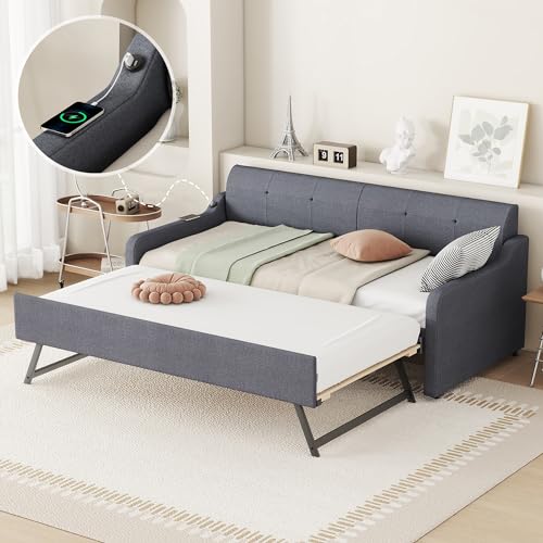 Twin Size Daybed Frame with Pop up Trundle,Upholstered Day Bed with Charging Station,Daybed with Trundle Bed Twin,Wood Sofa Bed Frame with USB for Bedroom,Living Room,Guest,Office,Twin,Beige