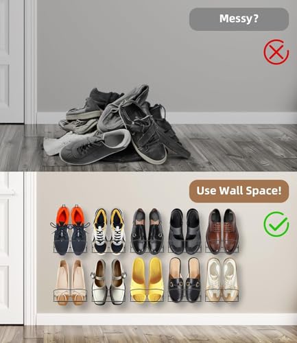 Wall Mounted Shoe Rack 10Pack, with Sticky Hanging Strips, Metal Wall Shoe Storage, Hanging Shoe Organizer for Wall/RV/Door