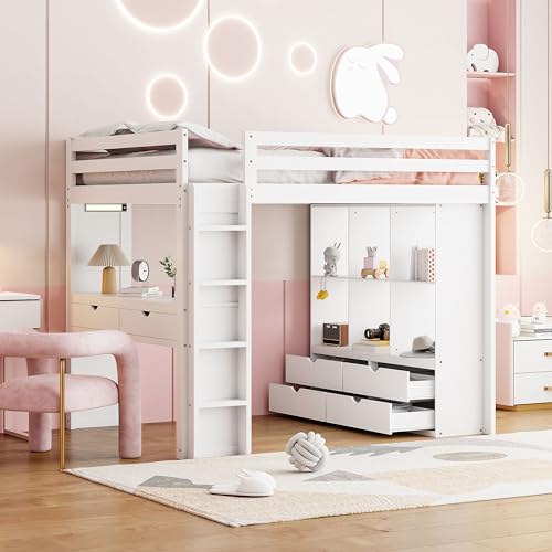 Full Size Loft Bed with Writing Desk and LED Light,Wooden Full Loft Bedframe with Large Storage Shelves and 6 Drawer,White