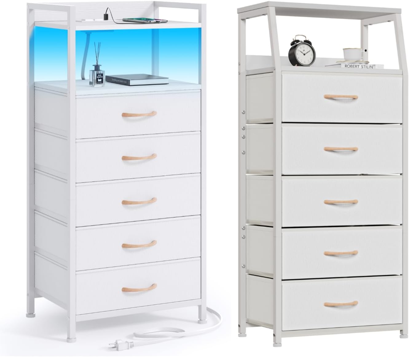 Furnulem Nightstand with 5 Storage Drawer, Tall Dresser for Bedroom with Led Light and Charging Station, Side Table Nightstand for Closet, Fabric Bins, Metal Frame, Wood Shelf