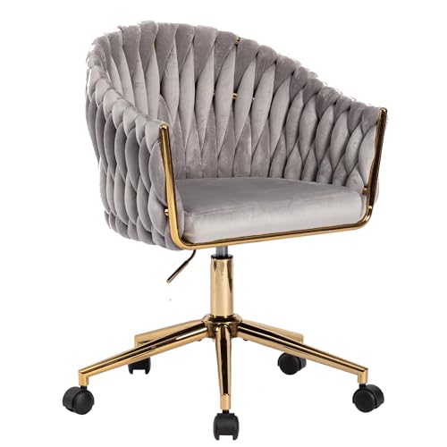 Velvet Office Chair, Vanity Chairs with Wheels, 360° Swivel Velvet Home Office Desk Chair, Accent Chair Makeup Vanity Chair for Bedroom, Living Room(Grey)