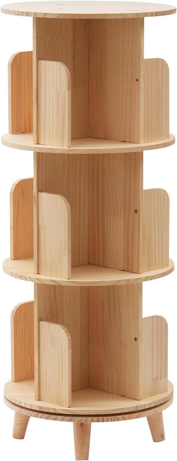 3-Tier Rotating Bookshelf, Pine Wood Cylindrical Bookshelf Organizer 360° Display Bookcase, Floor Standing Multi-Functional Corner Bookshelf Revolving Storage Rack for Office, Living Room