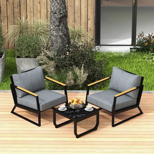 3 Pieces Patio Furniture Set, 2 Pieces Outdoor Armchairs with Removable & Washable Cushion, Modern Patio Bistro Set for for Outside, Porch and Balcony, Black and Grey