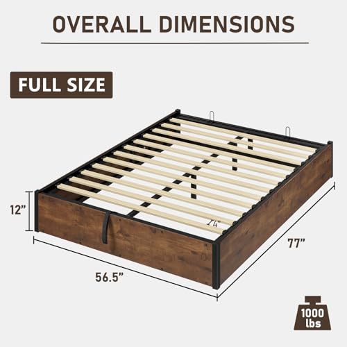 Lift Up Storage Bed Frame, King Size Wooden Slats Platform Bed Frame with Ample Storage Underneath, No Box Spring Needed, Noise Free, Rustic Brown