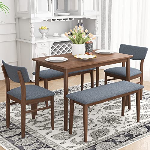 Dining Table Set for 6, Dining Rectangular Table Set with 2 Chairs and 2 Benches with Cushion 5-Piece Farmhouse Style Kitchen Dining Table Set for Kitchen Dining Room, Home Furniture