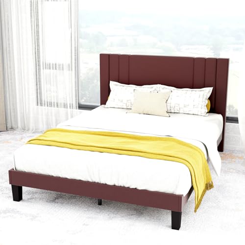 Tyndall Queen Size Bed Frame, Faux Leather Upholstered Platform with Headboard, Easy Assembly, No Box Spring Needed, Non-slip and Noise-free with Strong Wooden Slats (Queen (U.S. Standard))