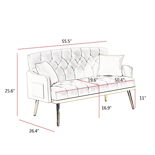 Small Loveseat Sofa, Modern 2 Seater Teddy Fabric Small Sofa Couch with Gold Metal Legs and 2 Pillows for Living Room (Cream White Teddy Fabric)