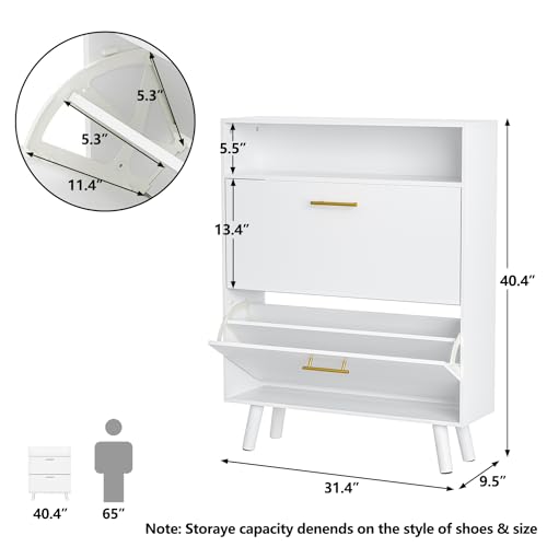 Shoe Cabinet for Entryway, Slim Shoe Storage Cabinet with 2 Flip Drawers, Freestanding Shoe Organizer with Open Shelf for Hallway, White