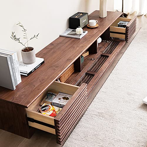POVISON Wood Media Console, 86'' Mid-century Modern TV Stand with Storage, Assembly-Free Large Slatted TV Console for up to 85 Inches TV, Customized Compartments & Solid Pinewood Drawer