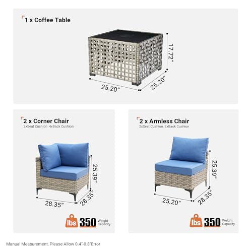 ovios 7 Piece Outdoor Patio Furniture with Glowing Coffee Table, Rattan Wicker Conversation Set with Sofa, Sectional Single Chairs for Outside Porch Balcony Backyard Pool,Grey