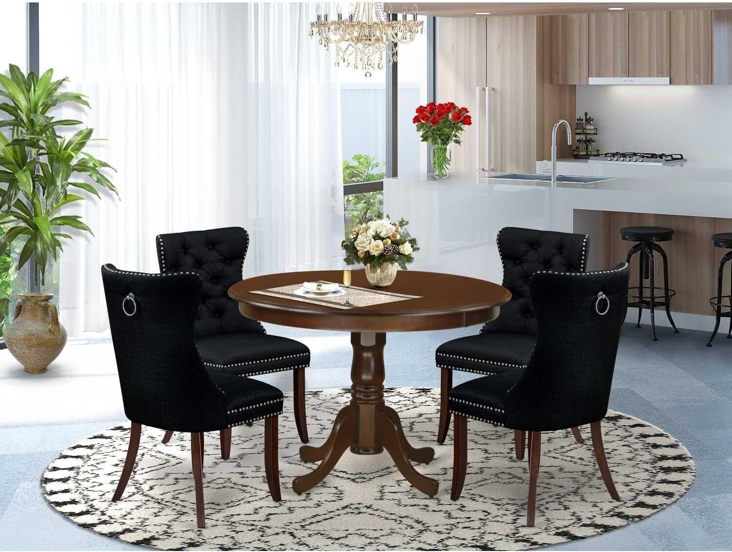 French Flair 5 Piece Dining Table Set Includes A Round Wooden Table with Pedestal and 4 Upholstered Chairs, Mahogany